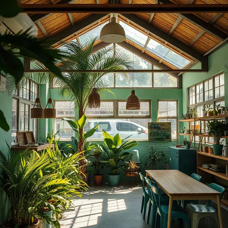 Interior da papelaria com prateleiras e tons de verde-azulado